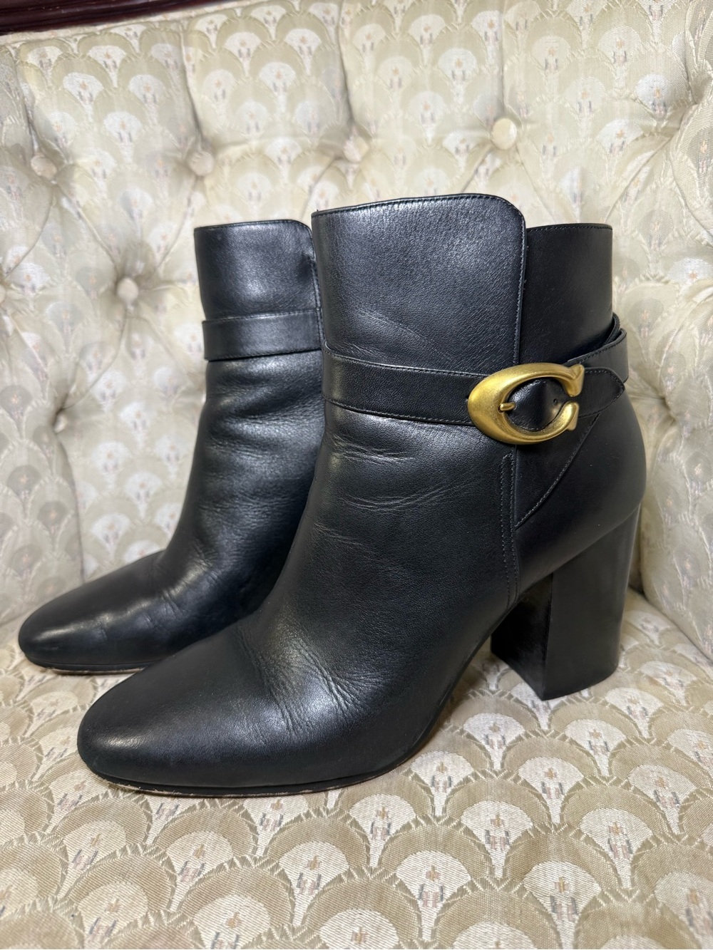 Black leather Coach Delaney Signature Buckle Heel Booties gold C size 10